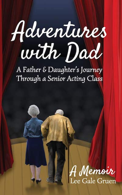 Book cover with woman and elderly man on stage.