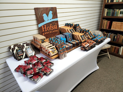 Hofssi Chocolates display table upstairs at Reasonable Books.